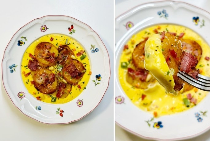 Parmesan cheese gnocchi, perfectly paired with corn and potato soup